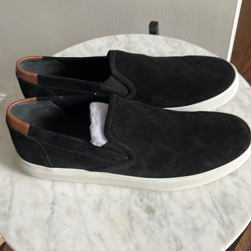 Vince Suede Slip On Sneakers in Black with brown leather accent on heel, 12